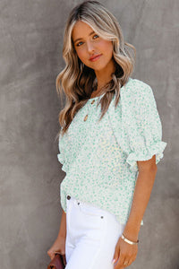 Mint Floral Puff Sleeve Crinkle Blouse