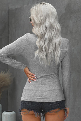 Gray Scoop Neck Buttoned Front Long Sleeve Knit Top