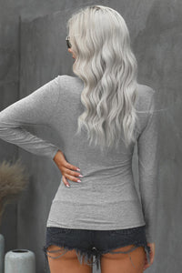 Gray Scoop Neck Buttoned Front Long Sleeve Knit Top