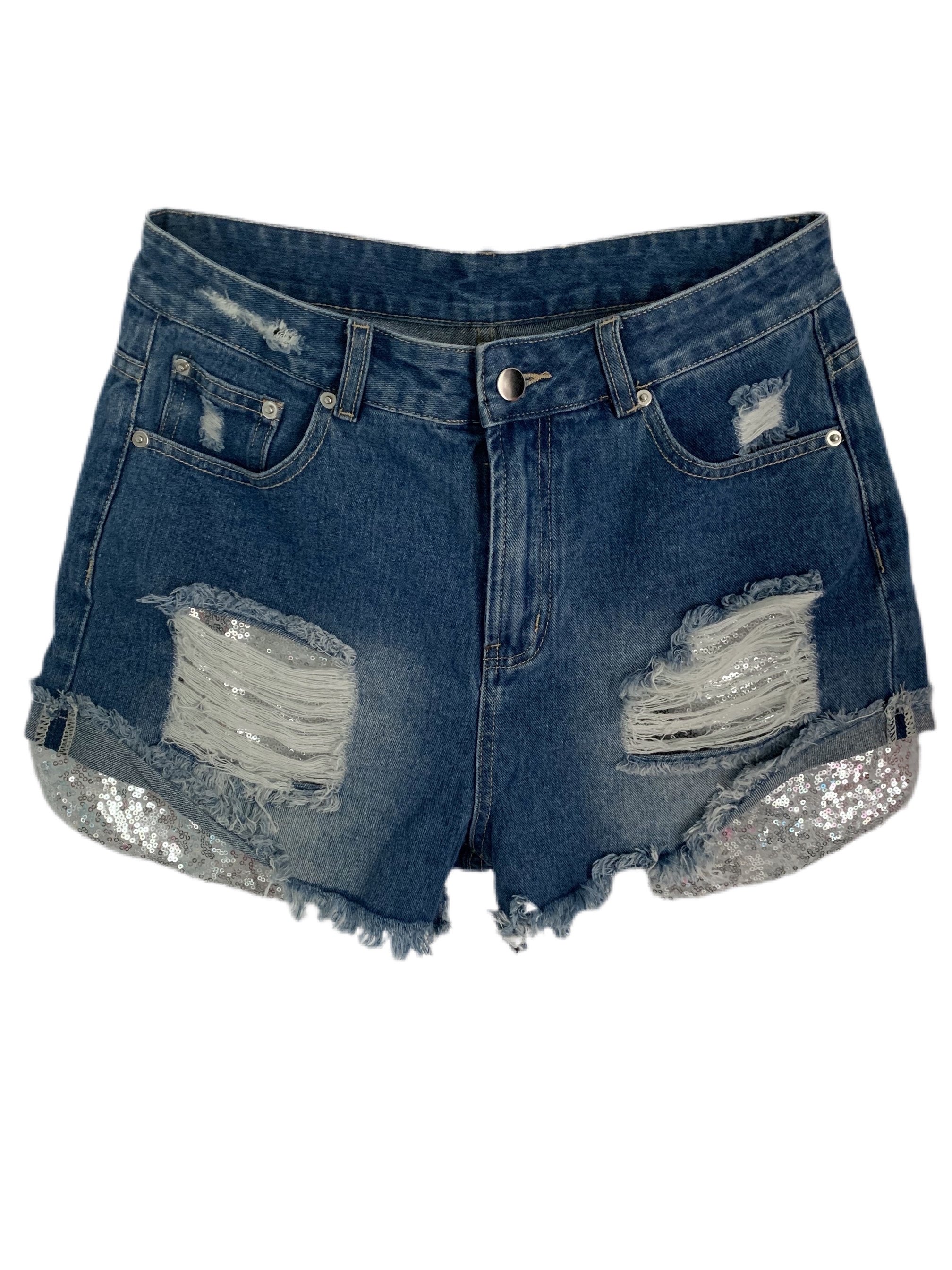 Silver Sequin Pocket Denim Shorts