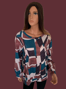 Brown and Teal Geometric Print Round Neck Shirt