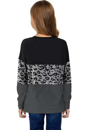 Girls Black Leopard Print Color-block Sweatshirt