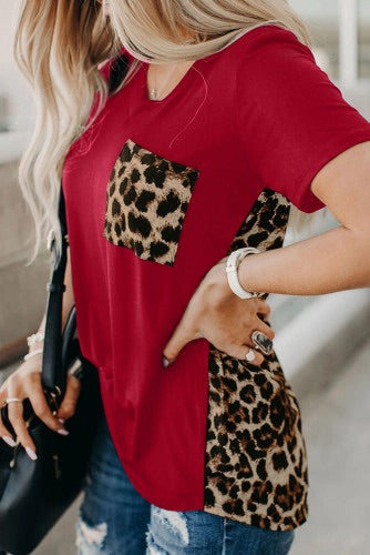Red Leopard Print V-Neck Color-block Knit Tee