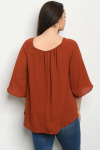 Plus size raglan bell half sleeve V-neck top with button front and tie knot detail. Silky texture fabric , roomy!!!  L: 25" B: 44" W: 46"  Made in the USA 