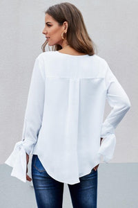 Fanciful White Wrap Over Tie Sleeve Silky Top