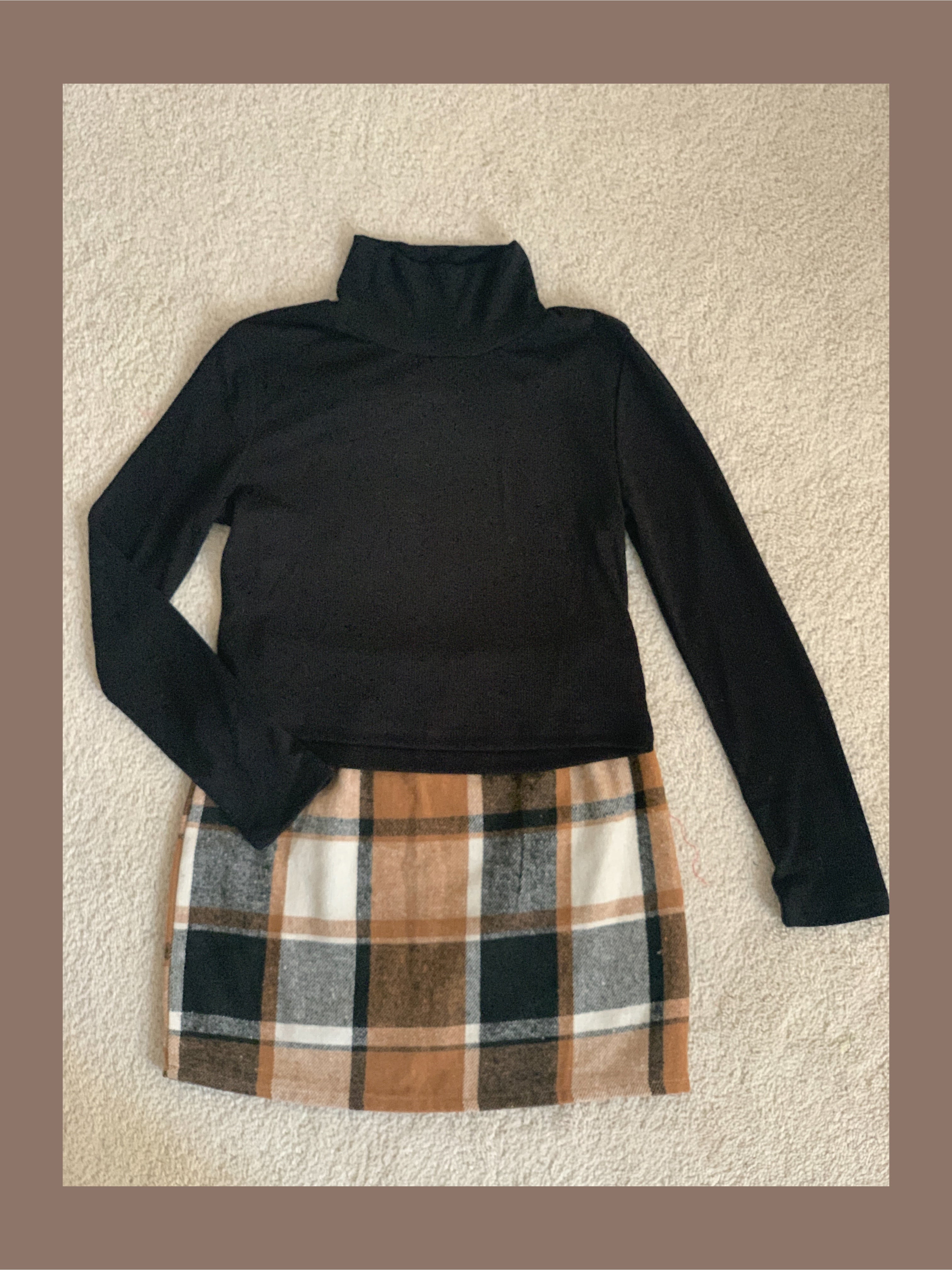 Brown Plaid Skirt & Black Ribbed Shirt Set