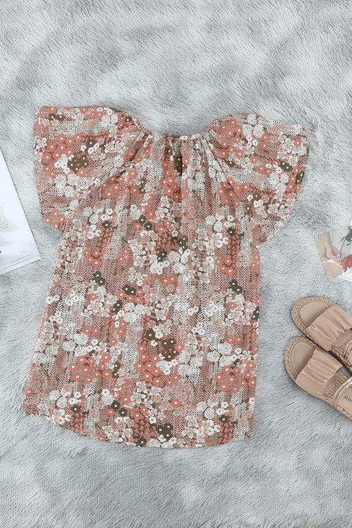 Khaki Floral Tie Front Flutter Sleeve Blouse
