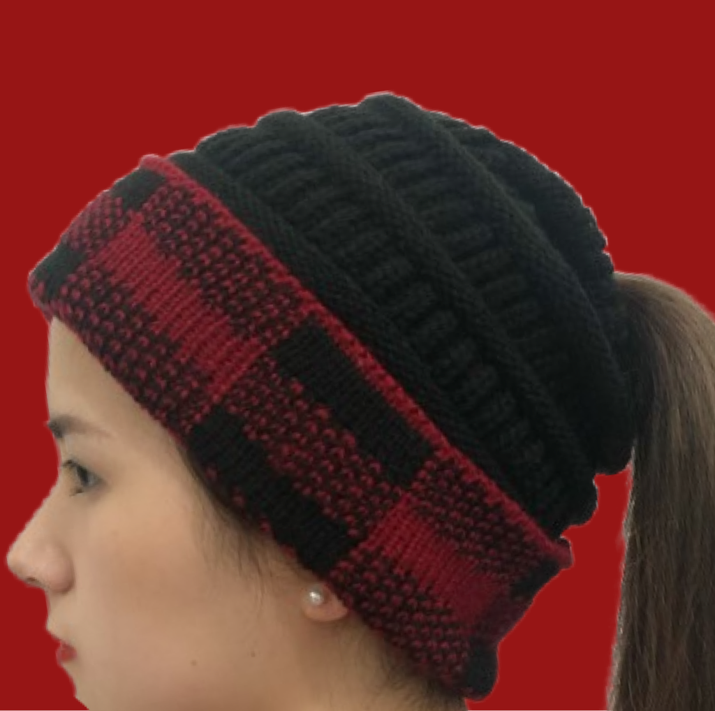 Deep Red Buffalo Print Knit Hat w/Peek A Boo Ponytail Access