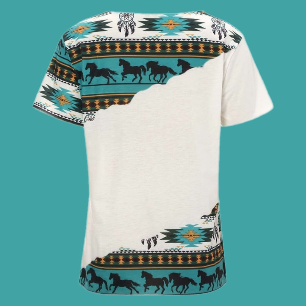 Teal Western Design White Casual Tee