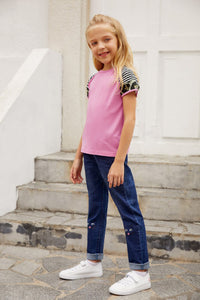 Girls Pink Striped Leopard Print Sleeve Tee