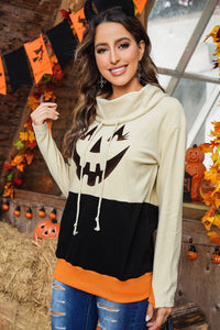 Cowl Neck Pumpkin Print Color Block Halloween Sweatshirt