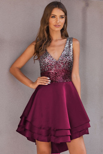 Burgundy Ombre Sequin Multi Layer Skater Dress