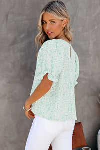 Mint Floral Puff Sleeve Crinkle Blouse