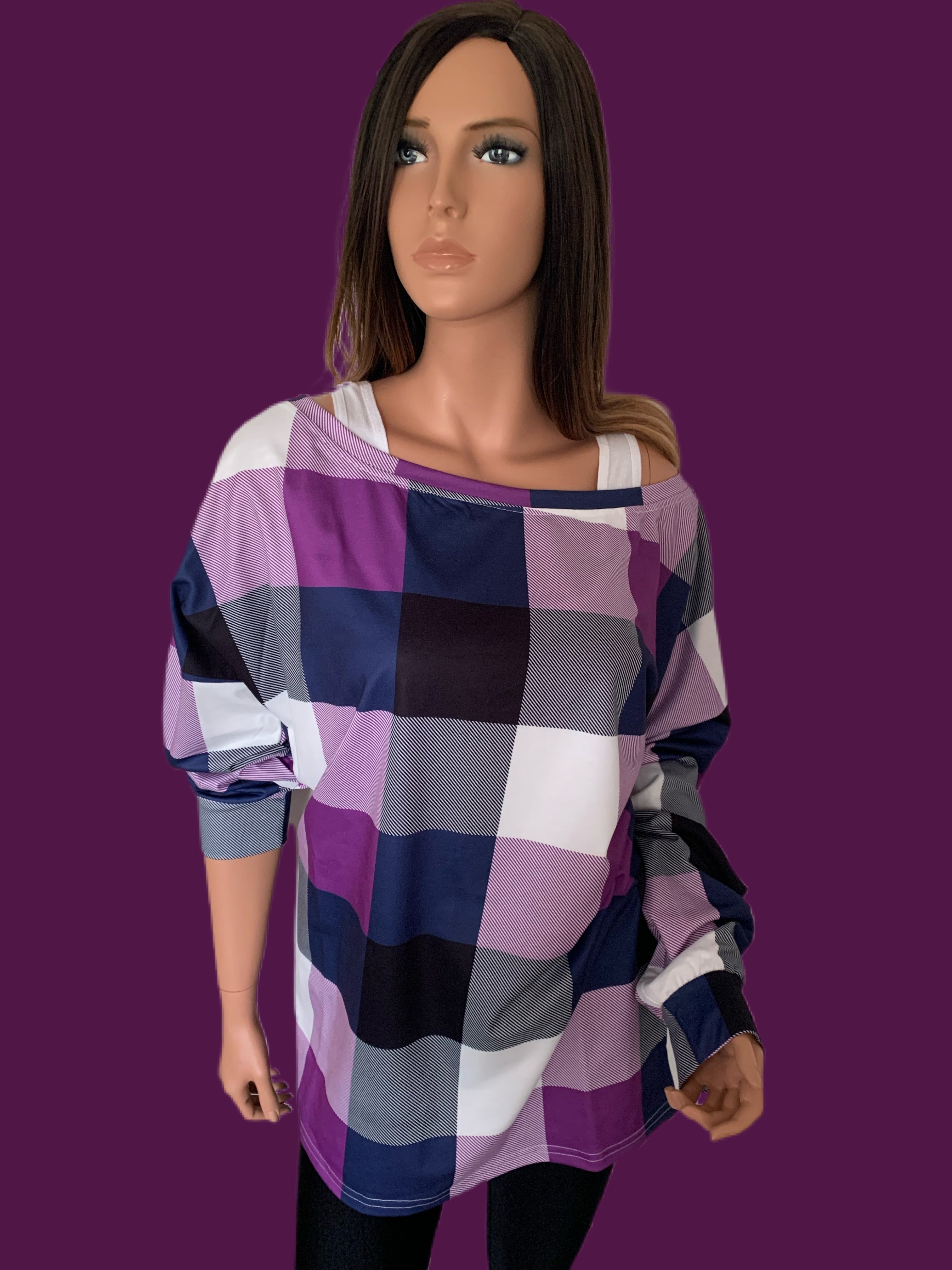 Purple Plaid Round Neck Long Sleeve Shirt