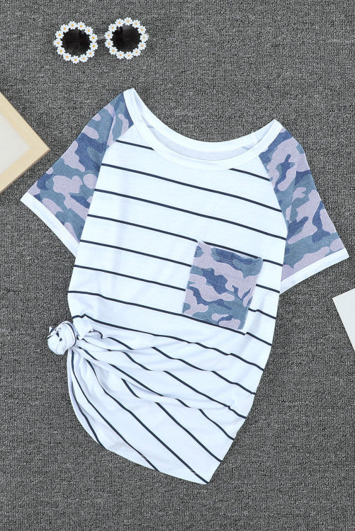 White Black Striped Camo Pocket Tee