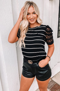 Black Tiered Lace Sleeve Striped Tee