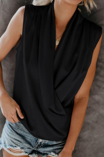 Draped Silky Black Sleeveless Blouse