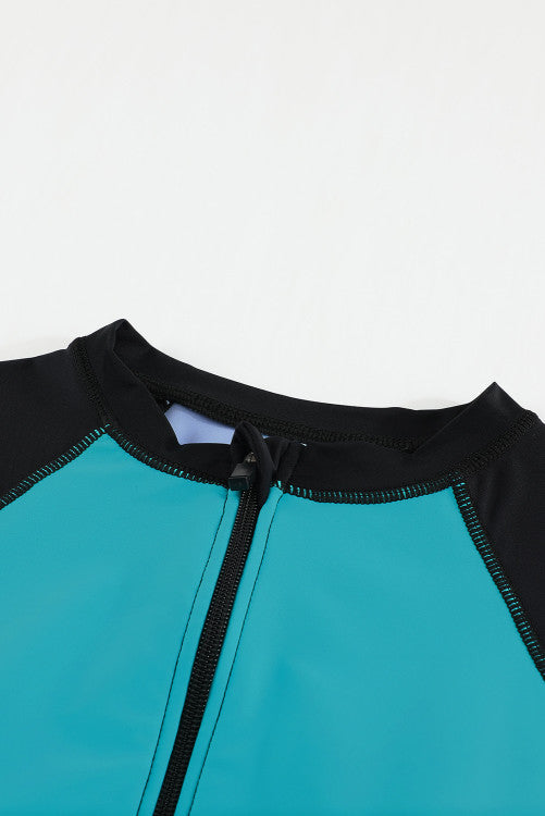 Teal Green Color Block Zip Up Rashguard Sports Top
