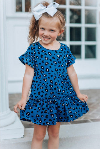 Girls Royal Blue Ruffled Leopard Print Dress