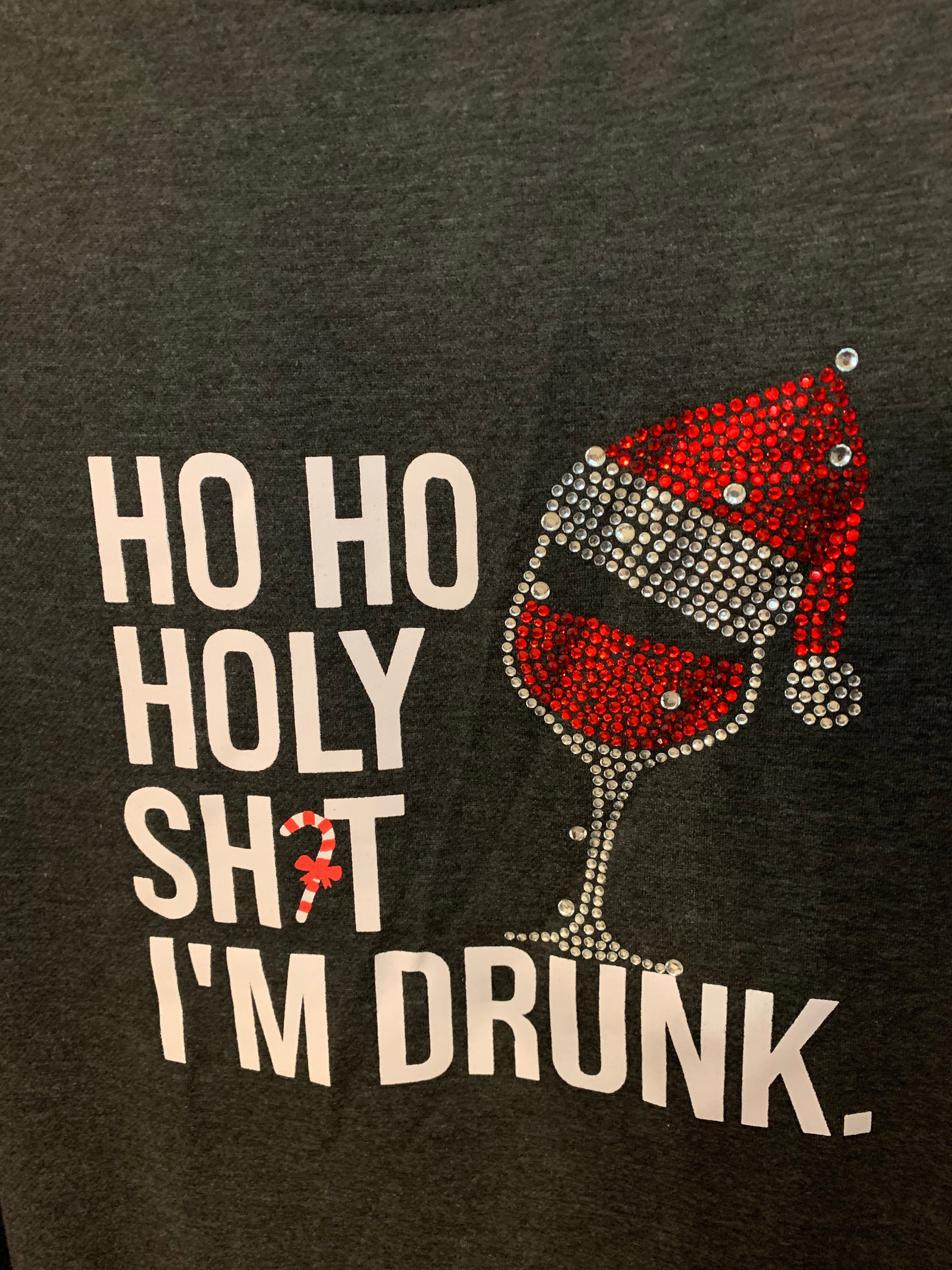 Rhinestone Glass and Santa Hat Long Sleeve Gray Knit T-shirt