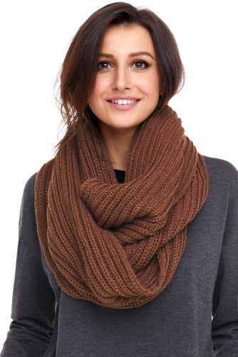 Brown Pom Pom Ribbed Knit Scarf