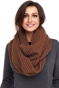 Brown Pom Pom Ribbed Knit Scarf