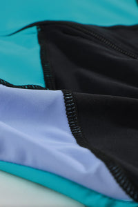 Teal Green Color Block Zip Up Rashguard Sports Top