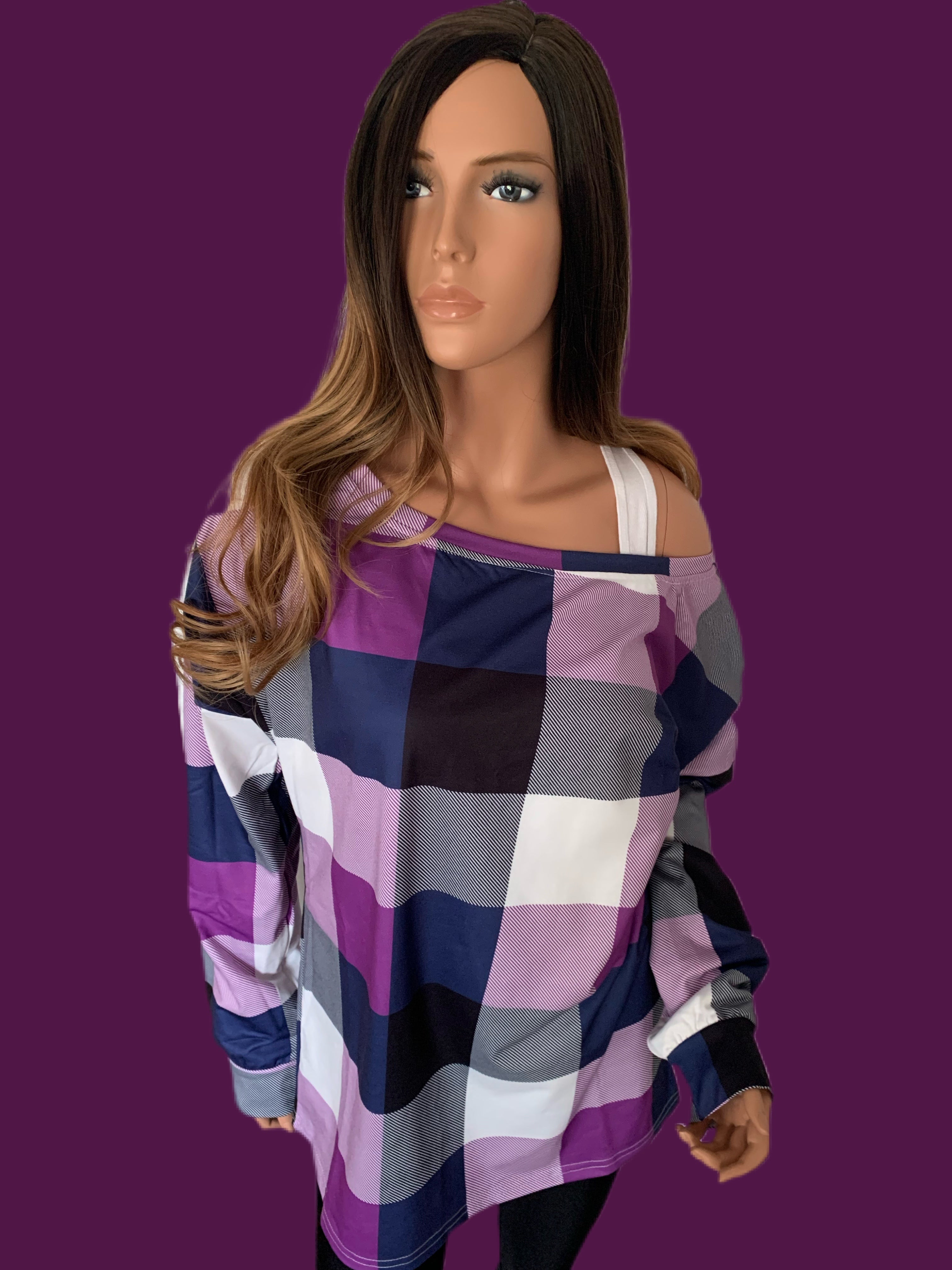 Purple Plaid Round Neck Long Sleeve Shirt