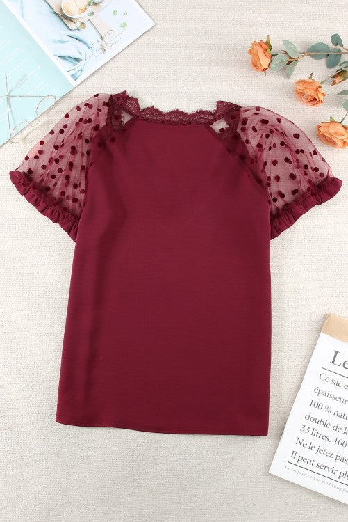 Burgundy Polka Dot Lace Ruffled Sleeve V-neck Blouse