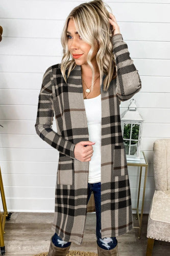 Khaki tartan plaid long sleeved cardigan, open front style with no buttons or zip. Length is longer, almost to above knee. Thicker knit material for warmth and comfort. Sizes Small, medium, large, extra large, 2X. $34.00