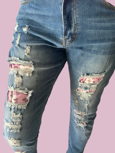 Rosy Pink Daisy Patches Stretch Denim Jeans