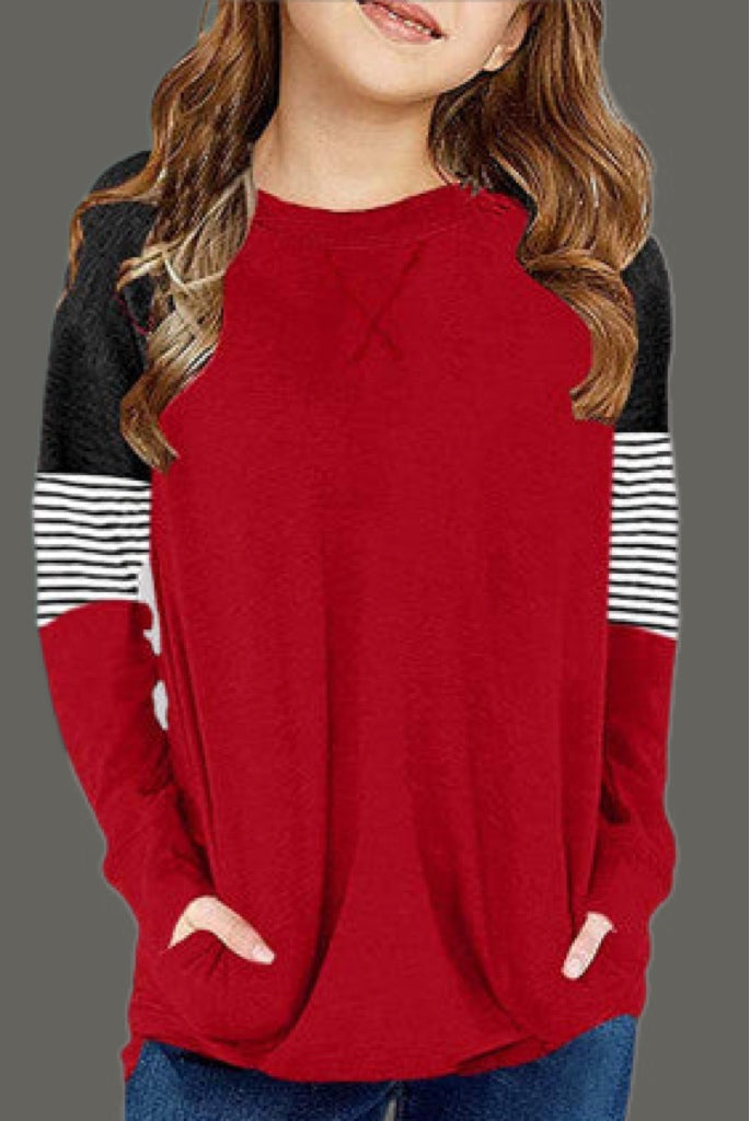Girls Red Black Striped Colorblock Pullover with Pockets