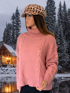 Rose Pink Chunky Cable Knit Sweater