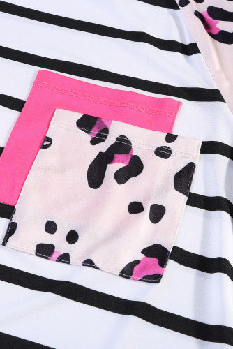 Pink Leopard Print Striped Color Block Silky Tee