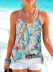 Pastel Ocean Print Spaghetti Strap Knit Tank Top