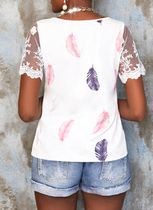 Feather Print V-Neck Lace Short Sleeve Tee