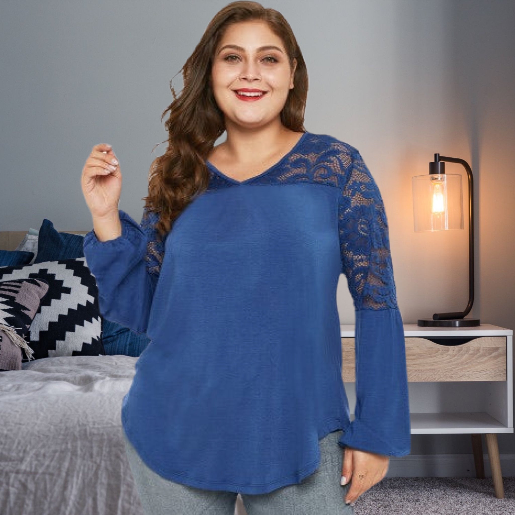 Plus Size Royal Blue Lace Trim Long-sleeve Top
