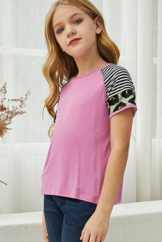 Girls Pink Striped Leopard Print Sleeve Tee