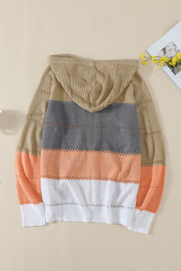 Peach Beige Color-block Full Zip Hooded Sweater