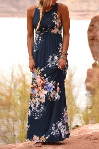 Navy Floral High Waist Maxi Dress