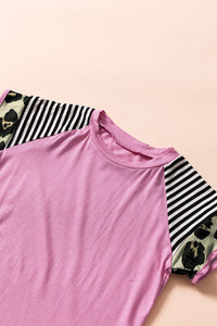 Girls Pink Striped Leopard Print Color Block Knit Tee
