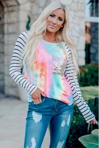 Pink & Aqua Tie-dye Print Sequin Pocket Long-sleeve Top