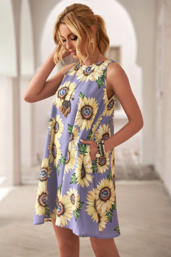 Beautiful purple sunflower print lightweight silky sundress. Classic tank dress design, round neck and sleeveless. Casually cool for hot summers!