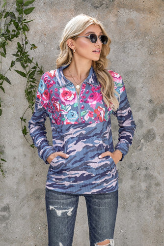 Camo has never been this cute!  •This camo pullover has a front pocket and a quarter zip  •The pink flowers are bright and fun  •This pullover is more fitted -follow size guide below   •Made of a waffle knit fabric, this is a great top to wear on casual days with friends or on "Jeans" Fridays.
