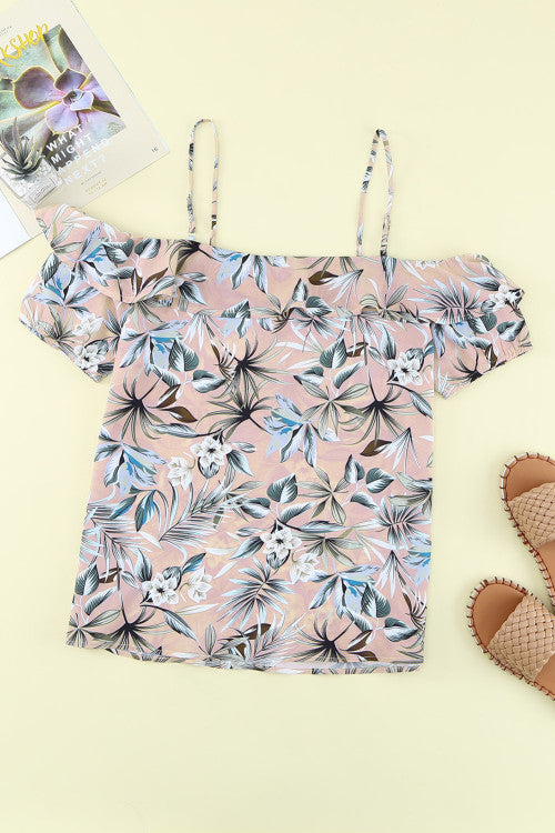 Mauve Floral Strappy Ruffled Sleeve Off Shoulder Blouse