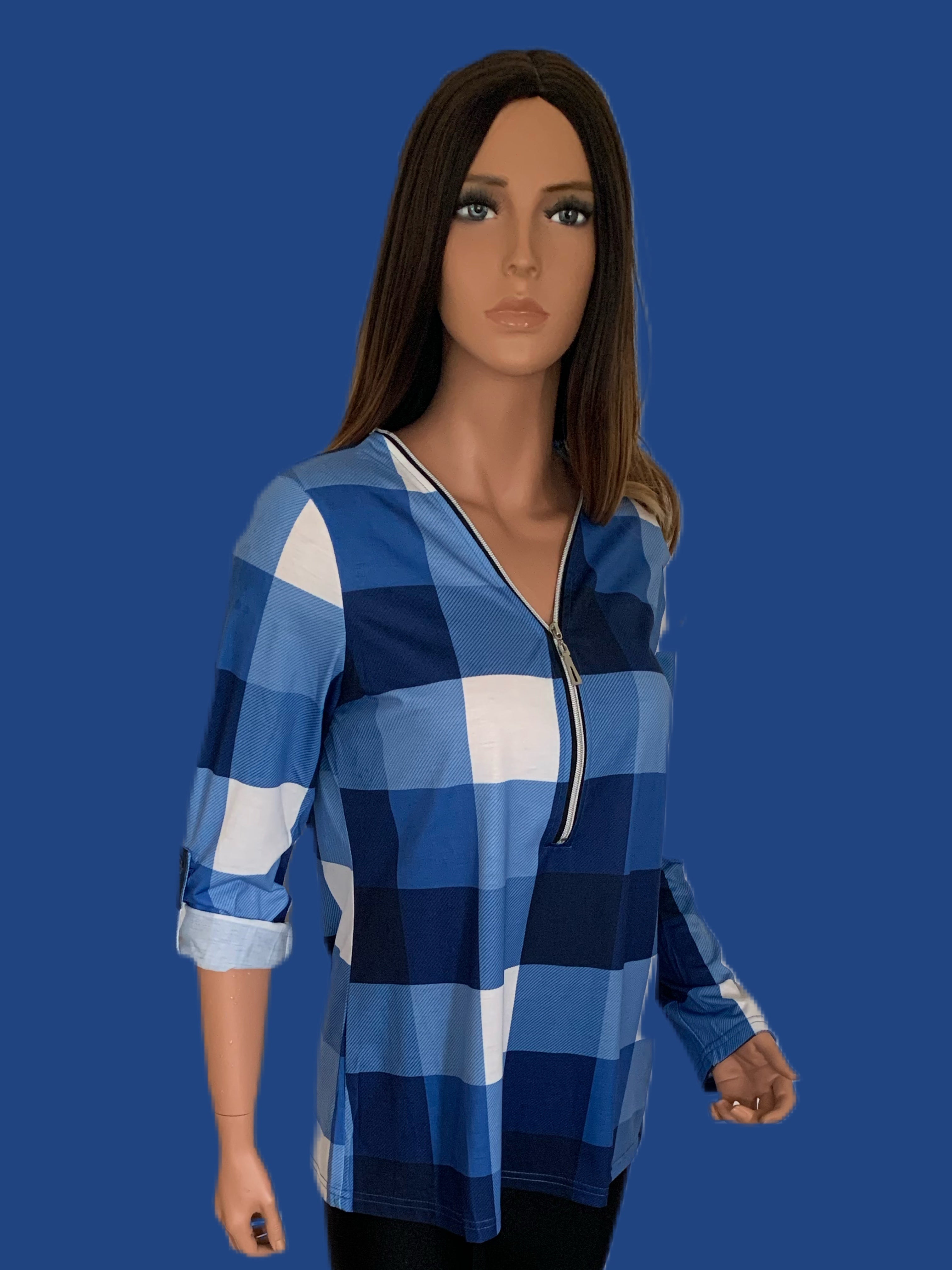 Blue Plaid Half Zip Long Sleeves Casual Shirt