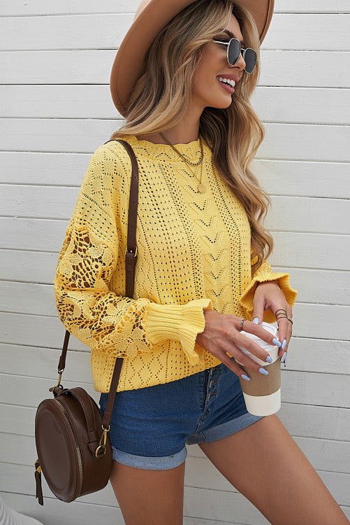 Yellow Lace Sleeve Pointelle Knit Sweater