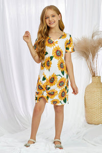 Girls Sunflower Twist Knot V Neck Mini Dress