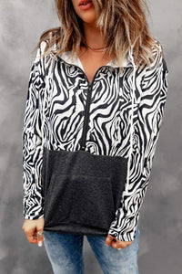 Zebra Print Kangaroo Pocket Half Zip Hoodie