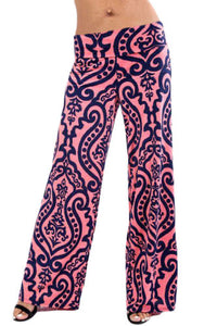 Palazzo pants style featuring allover print pattern, elastic wide waist band, comfortable fit finished with wide-leg design.